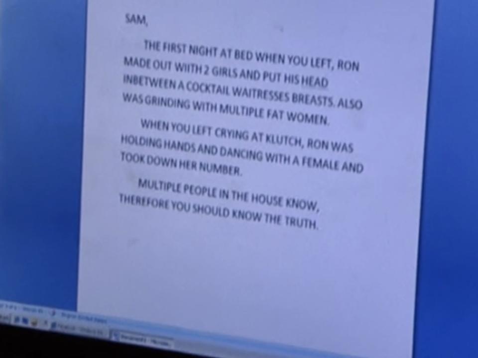 A screenshot of the infamous letter to Sammi Giancola from season 2 of "Jersey Shore."