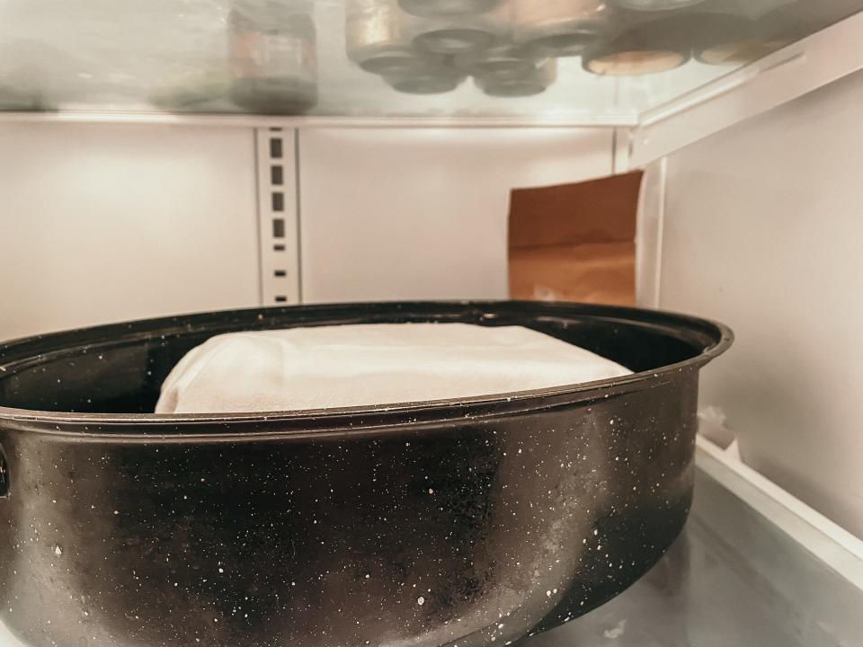 big roasting pan in a fridge