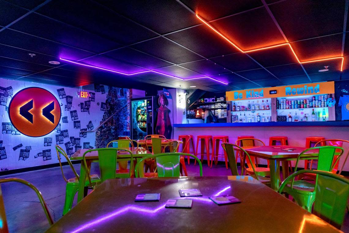 Dazzling colors greet bar patrons at Rewind Video and Retro Dive, a new space located in the basement of Screenland Armour, 408 Armour Rd., in North Kansas City.
