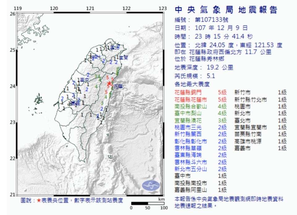 ▲花蓮深夜5.1地震！最大震度5級，台北有感「大力晃一下」。（圖／翻攝自中央氣象局）