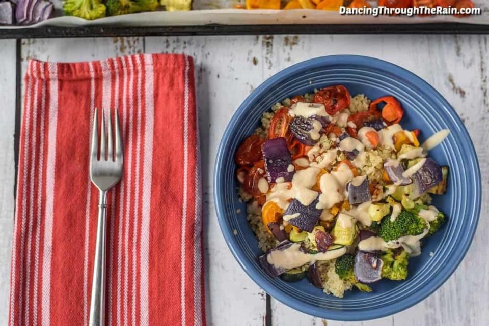 <p>Dancing Through the Rain</p><p>This Roasted Rainbow Vegetables with Tahini Dressing dish is a sheet pan recipe in a variety of colors. Packed with flavor and fun, this recipe is perfect for healthy eating.</p><p><strong>Get the recipe: <a href="https://dancingthroughtherain.com/rainbow-vegetables-with-tahini-dressing/" rel="nofollow noopener" target="_blank" data-ylk="slk:Roasted Rainbow Vegetables with Tahini;elm:context_link;itc:0;sec:content-canvas" class="link ">Roasted Rainbow Vegetables with Tahini</a></strong></p>