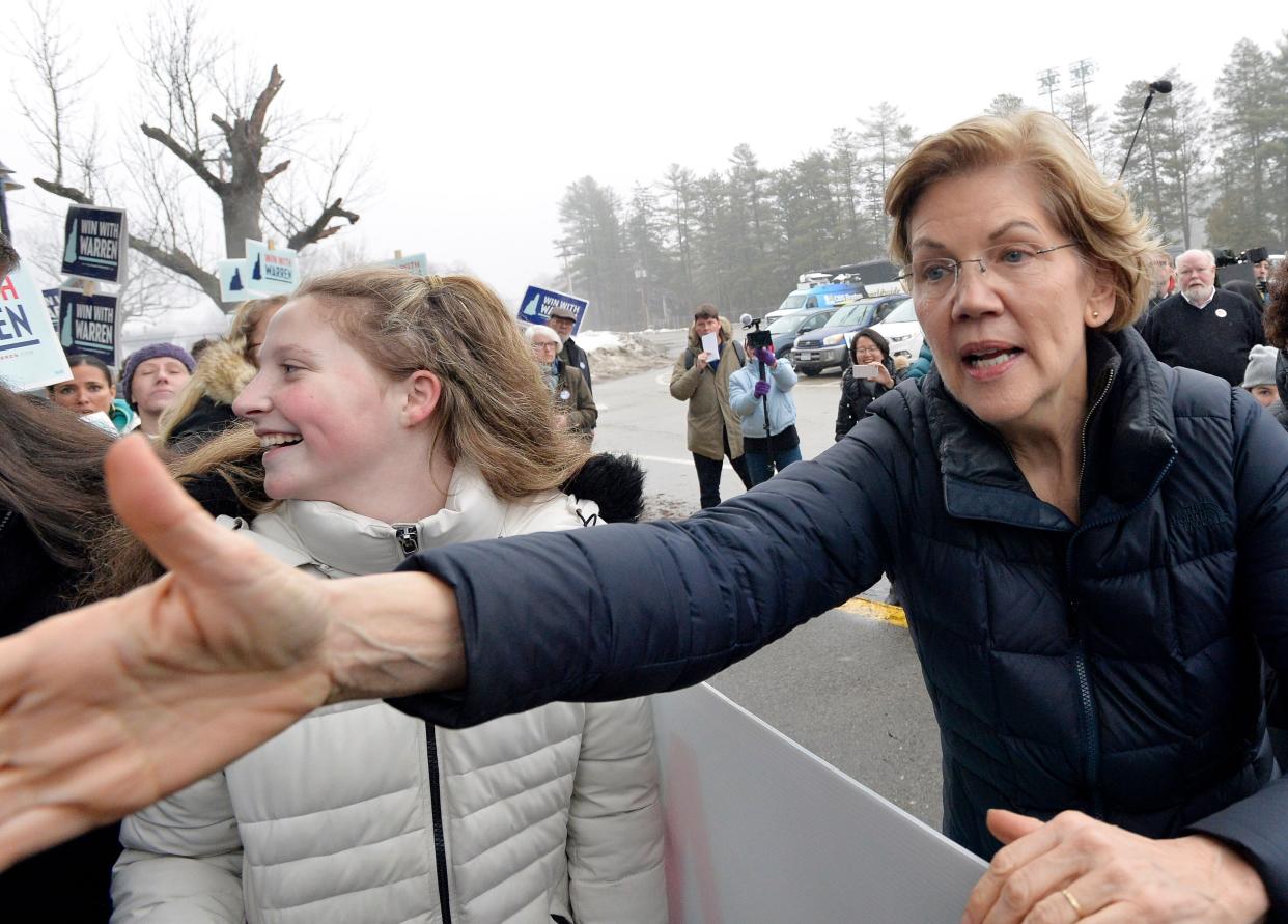 Sen. Elizabeth Warren greets supporters during the New Hampshire primary at Amherst Elementary School in Nashua, New Hampshire, on Feb. 11, 2020.&nbsp; (Photo: JOSEPH PREZIOSO via Getty Images)