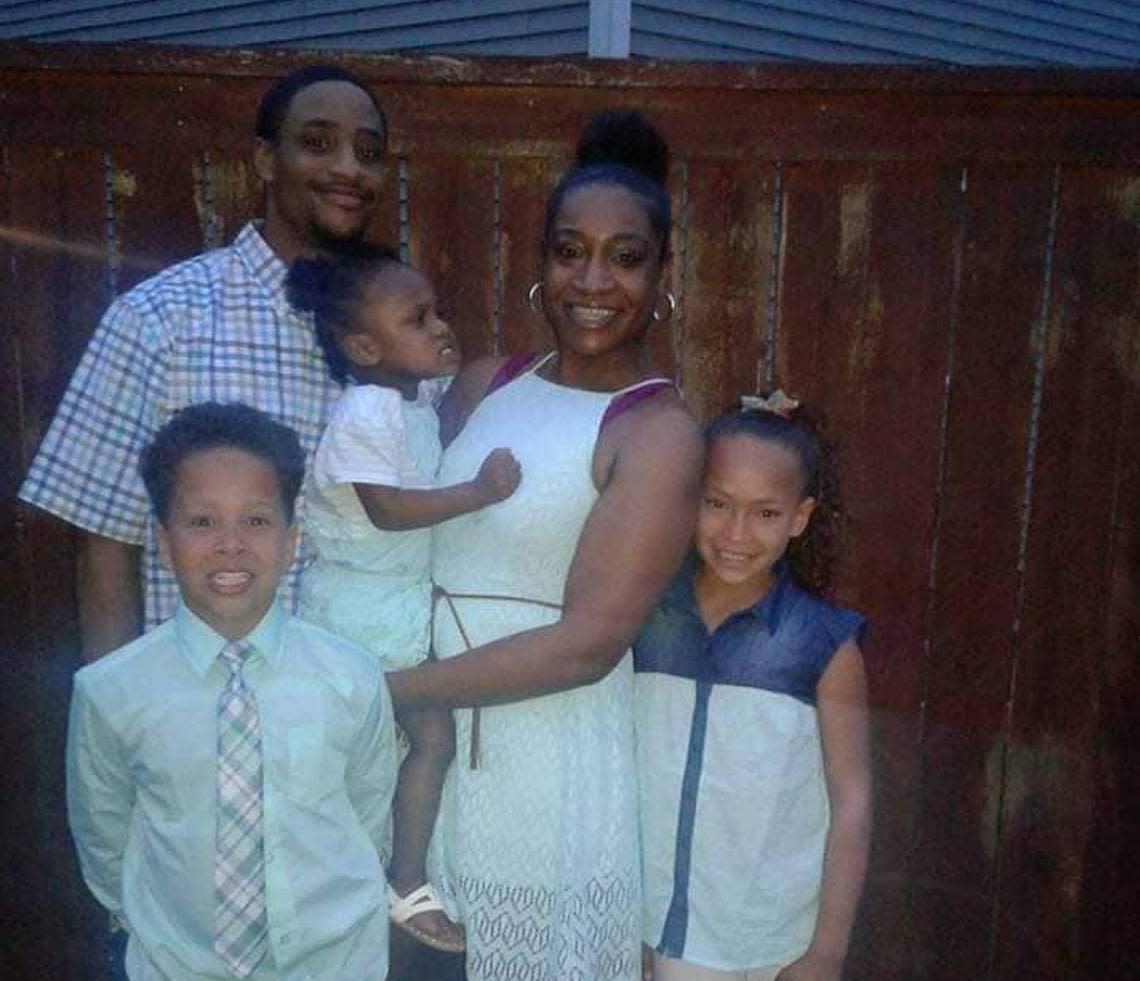 From left, Kenneth Bradley, Xaviar Siess, Azariah Bradley, Daine Mabel and Meleah Siess pose for a photograph.