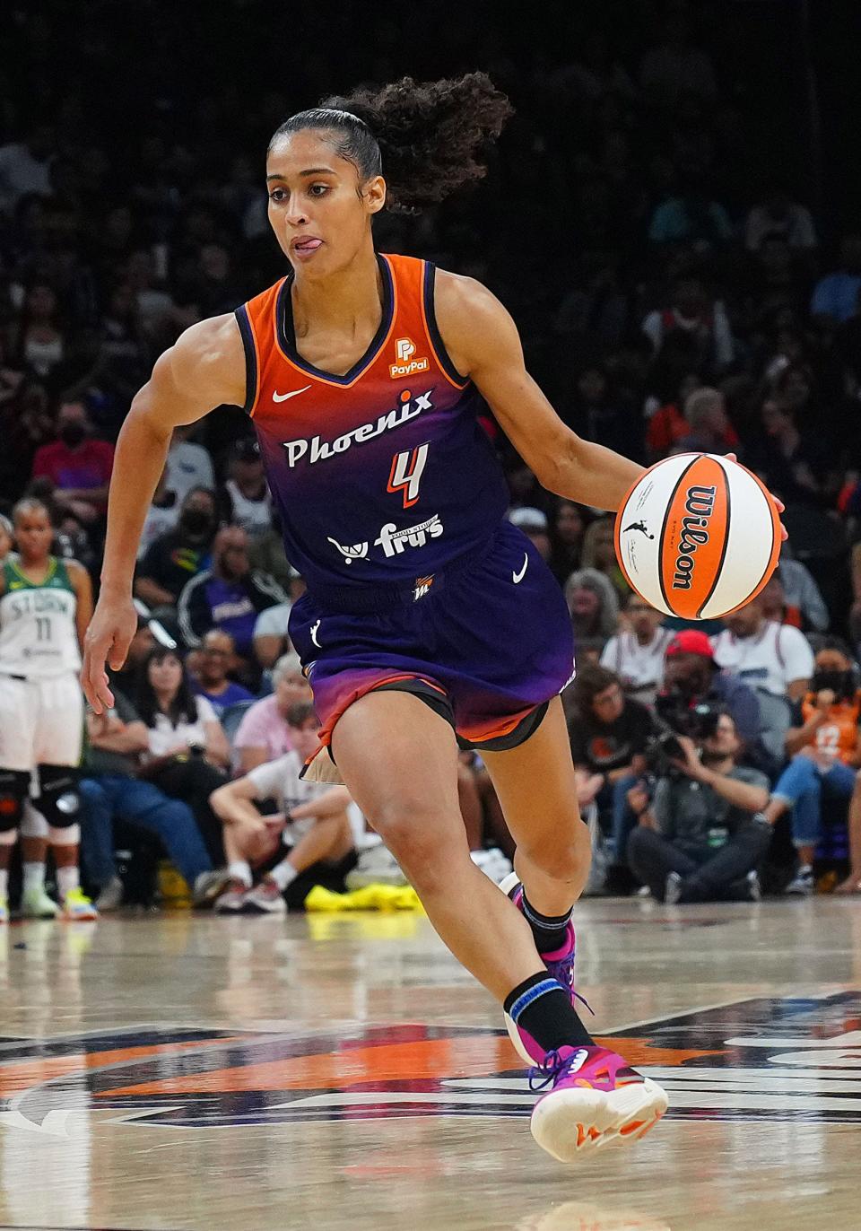 July 22, 2022;  Phoenix, Arizona; USA; Mercury guard Skylar Diggins-Smith (4) drives against the Storm during the second half at the Footprint Center.
