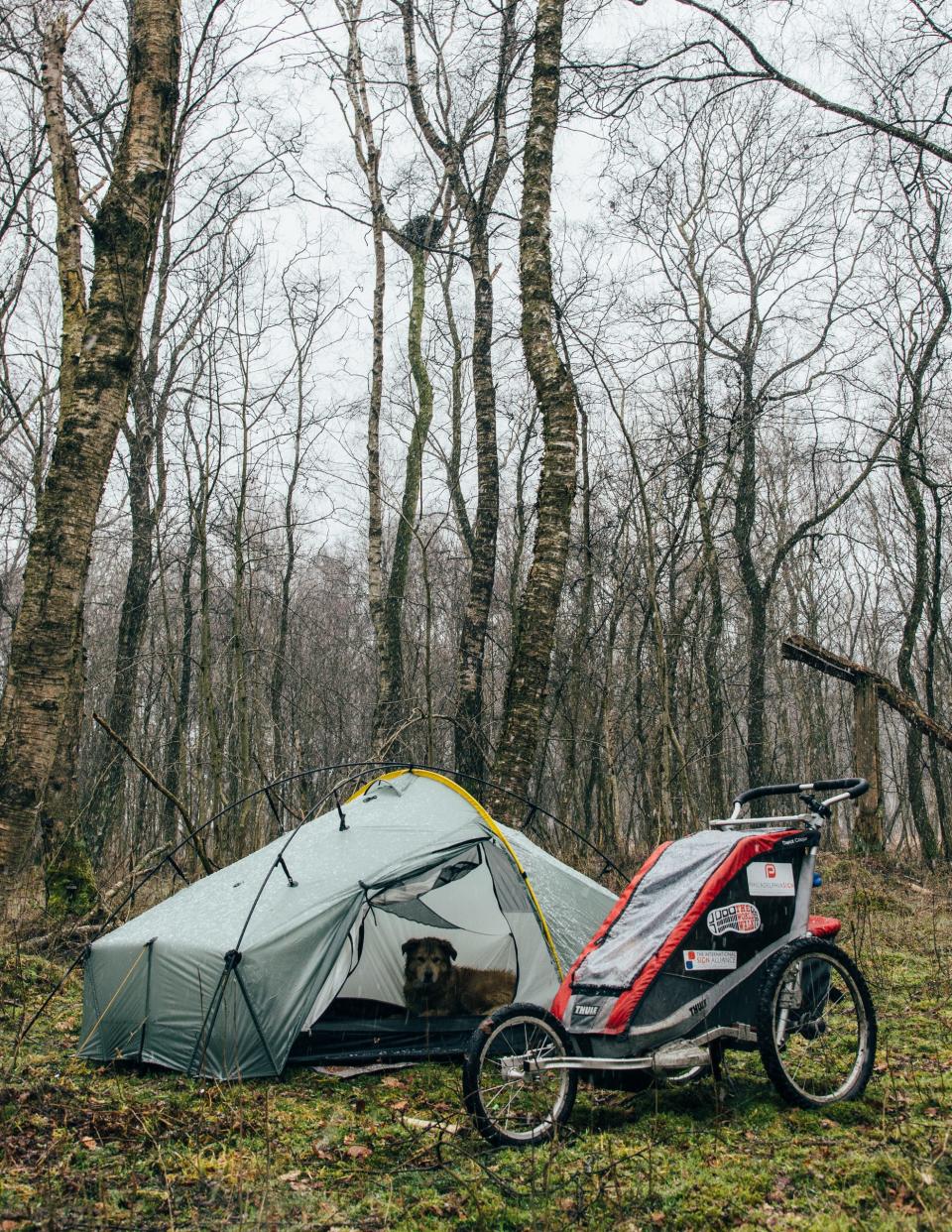 Tom Turcich has been living (mostly) in a tent, carting his supplies in a modified baby stroller.