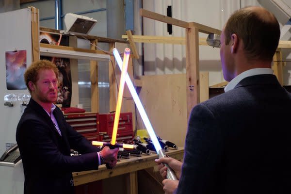 <p>The princes tested their lightsaber skills. “Why do I always have to be the baddie?” Harry asked, according to <i>People</i>. “Come on, let’s dance.” <i>(Photo: <a href="https://twitter.com/KensingtonRoyal?ref_src=twsrc%5Egoogle%7Ctwcamp%5Eserp%7Ctwgr%5Eauthor" rel="nofollow noopener" target="_blank" data-ylk="slk:Twitter/Kensington Palace;elm:context_link;itc:0" class="link ">Twitter/Kensington Palace</a>)</i></p>