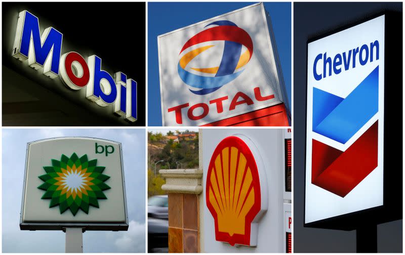 FILE PHOTO: A combination of file photos shows the logos of five of the largest publicly traded oil companies BP Chevron Exxon Mobil Royal Dutch Shell,and Total