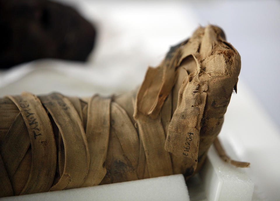 This photo taken Friday, Oct. 19, 2012 shows the wrapped feet of a mummified young girl of the Ptolemaic/Roman Period, 332 B.C. -395 A.D. at the Penn Museum in Philadelphia. The newly installed Artifact Lab at the Penn Museum allows visitors to peek behind the scenes as staff members preserve relics from ancient Egypt. Human and animal mummies, as well as an intricately inscribed coffin, are among the items currently undergoing treatment and repair. (AP Photo/Jacqueline Larma)