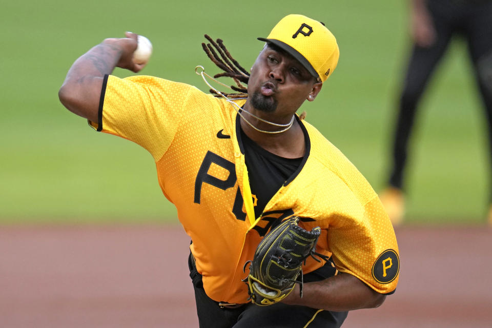 Pittsburgh Pirates starting pitcher Luis Ortiz delivers during the first inning of the team's baseball game against the New York Yankees in Pittsburgh, Saturday, Sept. 16, 2023. (AP Photo/Gene J. Puskar)