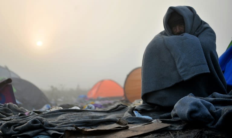 A migrant camp at dawn in the village of Berkasovo, near the North-Western Serbian town of Sid