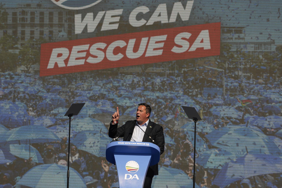 FILE - Main opposition Democratic Alliance (DA) party leader, John Steenhuisen, delivers his speech at a final election rally in Benoni, South Africa, on May 26, 2024. In a country where racial segregation was once brutally enforced, South Africa's new coalition government has brought a Black president and a white opposition leader together in what is on the face of it a picture of unity. (AP Photo/Themba Hadebe, File)