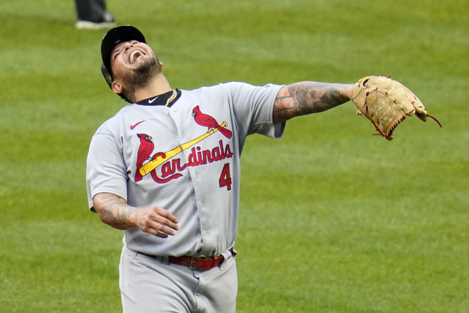St. Louis Cardinals relief pitcher Yadier Molina reacts to giving up a two-run home run to Pittsburgh Pirates' Jack Suwinski during the ninth inning of a baseball game in Pittsburgh, Sunday, May 22, 2022. The Cardinals won 18-4. (AP Photo/Gene J. Puskar)