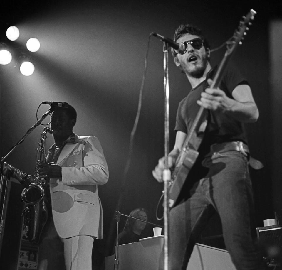 <div class="inline-image__caption"><p>Bruce Springsteen on stage with saxophonist Clarence Clemons at the Allen Theatre in Cleveland, Ohio, on February 1, 1974.</p></div> <div class="inline-image__credit">Janet Macoska</div>
