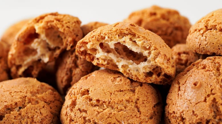 Amaretti cookies on white marble 