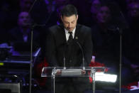 Jimmy Kimmel speaks during a celebration of life for Kobe Bryant and his daughter Gianna Monday, Feb. 24, 2020, in Los Angeles. (AP Photo/Marcio Jose Sanchez)