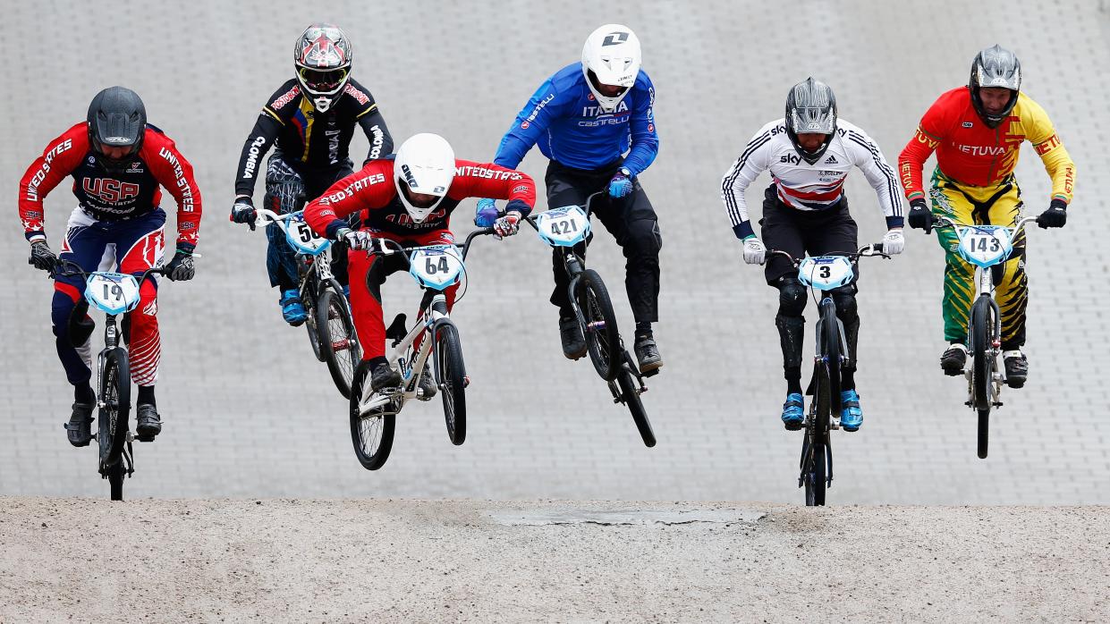  Justin Posey of USA, Sergio Ignacio Salazar Lopez of Colombia, Nicholas Long of USA, Romain Riccardi of Italy, Tre Whyte of Great Britain and Arminas Kazlauskis of Lithuania compete in the the UCI BMX World Championships. 