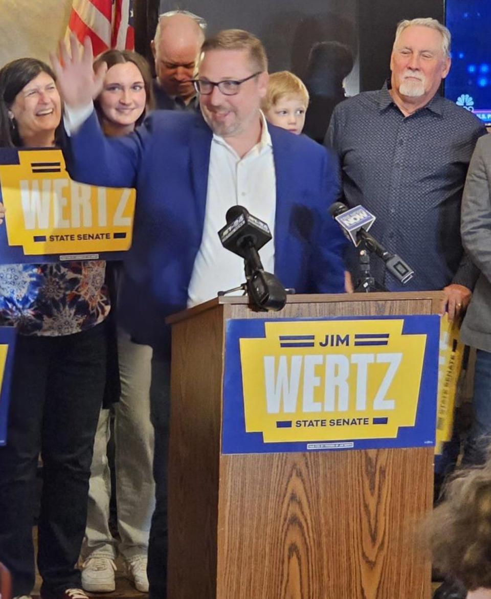 Jim Wertz delivers a victory speech to supporters at the Nuova Aurora Club, 1518 Walnut St., in Erie on April 23, 2024. Wertz will be the Democratic candidate for the 49th District Senate Seat.