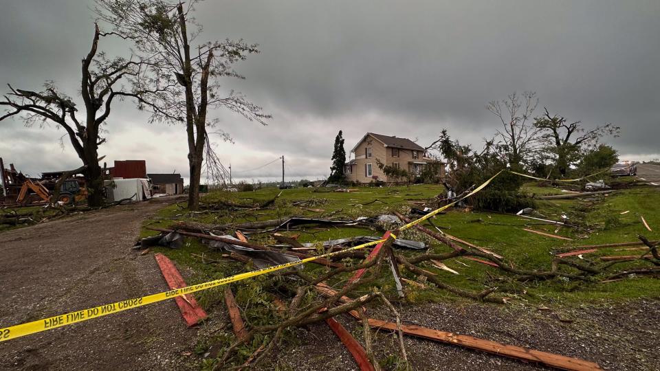 Debris and damage seen at the Dietz Farm on Dietz Road near Williamston, Friday, Aug. 25, 2023, after a violent storm and tornado swept through Ingham County Thursday evening.