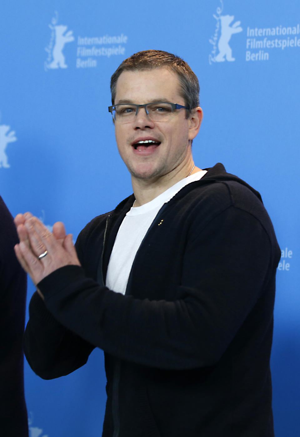 Actor Matt Damon poses at the photo call for the film Promised Land at the 63rd edition of the Berlinale, International Film Festival in Berlin, Friday, Feb.8,2013. (AP Photo/Gero Breloer)