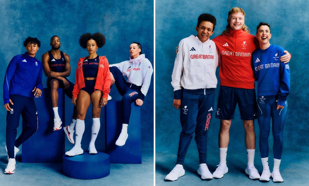 <span>Team GB athletes (left) and ParalympicsGB athletes model their Paris 2024 kits.</span><span>Photograph: Adidas/TeamGB and ParalympicsGB</span>
