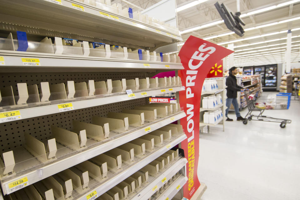 TORONTO, March 21, 2020 -- Empty shelves are seen at a Walmart pharmacy in Toronto, Canada, March 21, 2020. With shortages of many items like face masks, surgical gowns, protective eye-wear and hand sanitizers, Canada's Ontario Provincial Premier Doug Ford appealed to the province's manufacturing sector to help produce key medical supplies on Saturday. (Photo by Zou Zheng/Xinhua via Getty) (Xinhua/Zou Zheng via Getty Images)