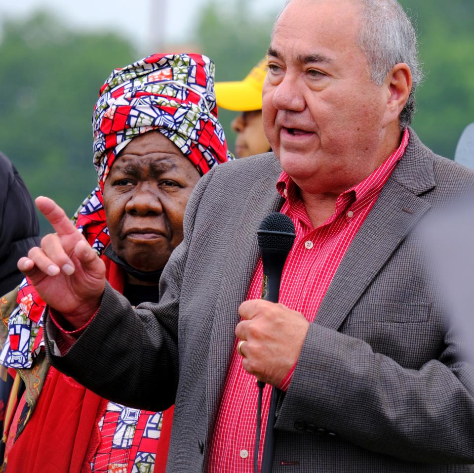 Osage Nation Principal Chief Geoffrey Standing Bear speaks during a 2021 event to commemorate the Tulsa Race Massacre.