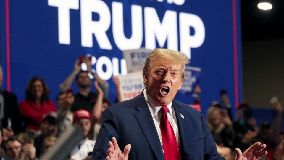 PHOTO: Republican presidential candidate and former U.S. President Donald Trump gestures on stage during a campaign rally in Richmond, Virginia, Mar. 2, 2024.  (Jay Paul/Reuters)