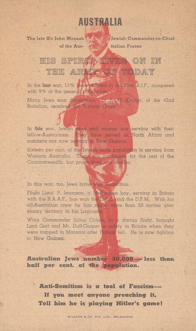 The Jewish Council to Combat Facism and Anti-Semitism produced many leaflets in Australia calling on Australians to oppose fascism. <a href="https://nla.gov.au/nla.obj-2707491263/view?partId=nla.obj-2707505174#page/n0/mode/1up" rel="nofollow noopener" target="_blank" data-ylk="slk:National Library of Australia;elm:context_link;itc:0;sec:content-canvas" class="link ">National Library of Australia</a>