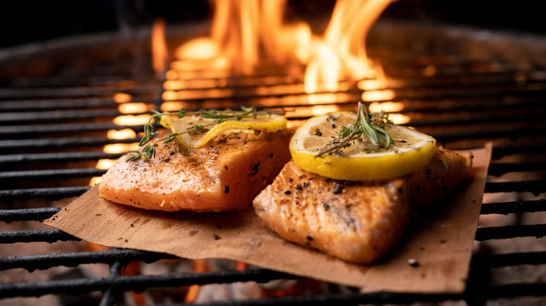 Sockeye salmon filets on grill