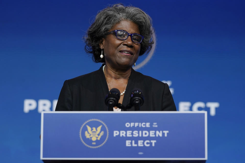 President-elect Joe Biden's U.S. Ambassador to the United Nations nominee Ambassador Linda Thomas-Greenfield speaks at The Queen theater, Tuesday, Nov. 24, 2020, in Wilmington, Del. Biden’s first wave of Cabinet picks and choices for his White House staff have prized staying power over star power, with a premium placed on government experience and proficiency as he looks to rebuild a depleted and demoralized federal bureaucracy.(AP Photo/Carolyn Kaster)