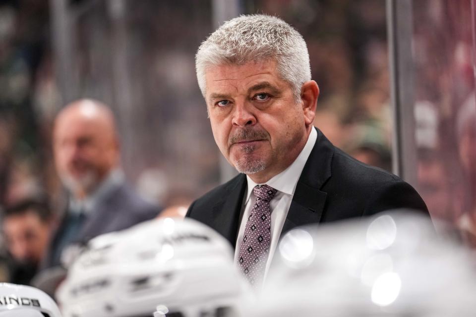 Oct 15, 2022; Saint Paul, Minnesota, USA; Los Angeles Kings head coach Todd McLellan looks on during the third period against the Minnesota Wild at Xcel Energy Center. Mandatory Credit: Brace Hemmelgarn-USA TODAY Sports