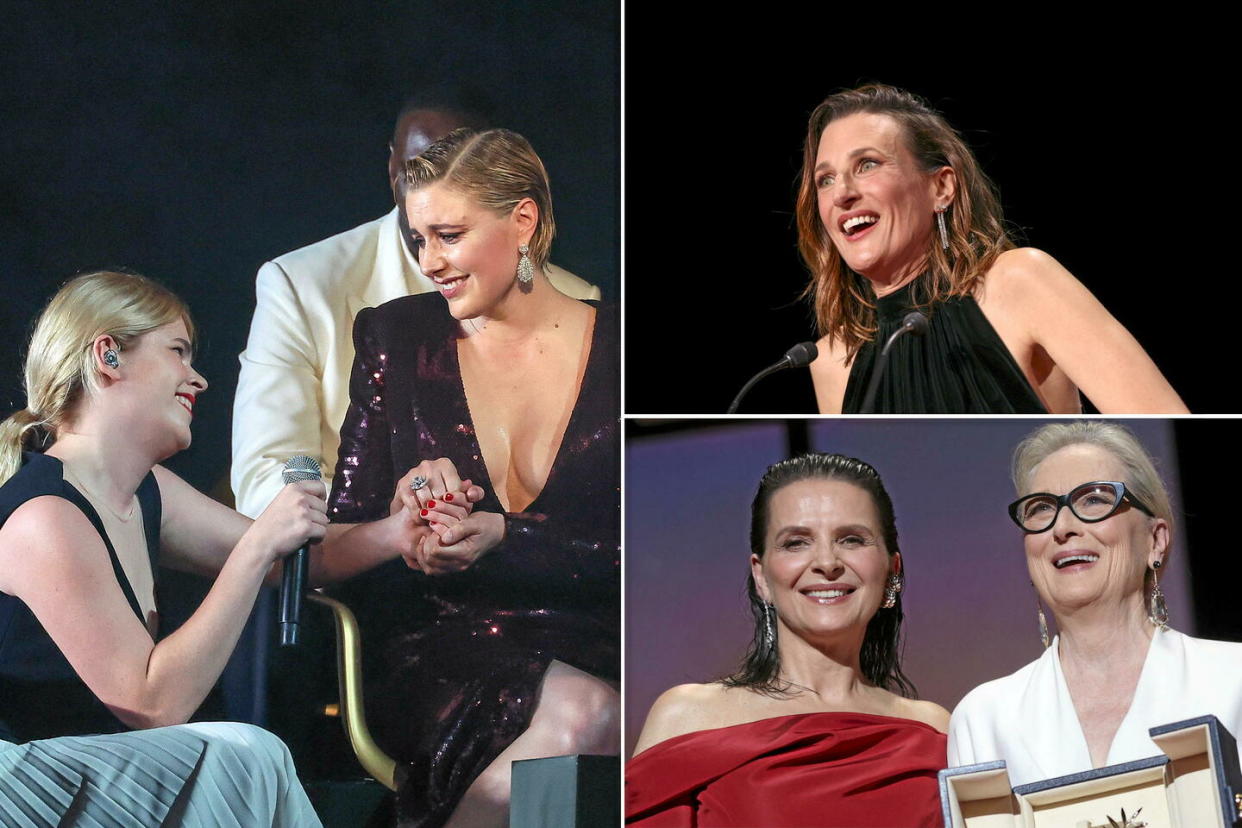 Zaho de Sagazan, Greta Gerwig, Camille Cottin, Juliette Binoche et Meryl Streep lors de la cérémonie d'ouverture du Festival de Cannes, le 14 mai 2024.  - Credit:Photos Sipa / montage Le Point