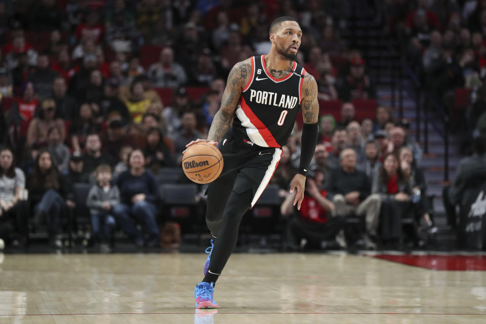 PORTLAND, OREGON - FEBRUARY 10: Damian Lillard #0 of the Portland Trail Blazers plays against the Oklahoma City Thunder during the first quarter at Moda Center on February 10, 2023 in Portland, Oregon. NOTE TO USER: User expressly acknowledges and agrees that, by downloading and or using this photograph, user is consenting to the terms and conditions of the Getty Images License Agreement. (Photo by Amanda Loman/Getty Images)