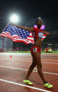 Kellie Wells of the United States celebrates after winning the bronze medal in the Women's 100m Hurdles Final on Day 11 of the London 2012 Olympic Games at Olympic Stadium on August 7, 2012 in London, England. (Getty Images)