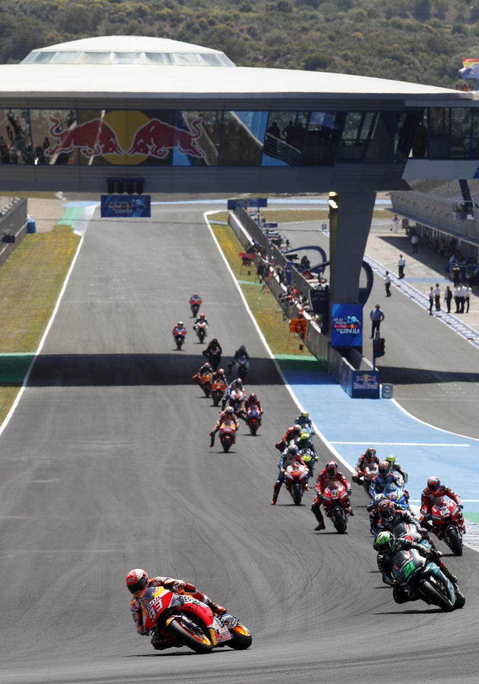 MotoGP rider Marc Marquez of Spain leads the race during the Spanish Motorcycle Grand Prix at the Angel Nieto racetrack in Jerez de la Frontera, Spain, Sunday, May 5, 2019. (AP Photo/Miguel Morenatti)