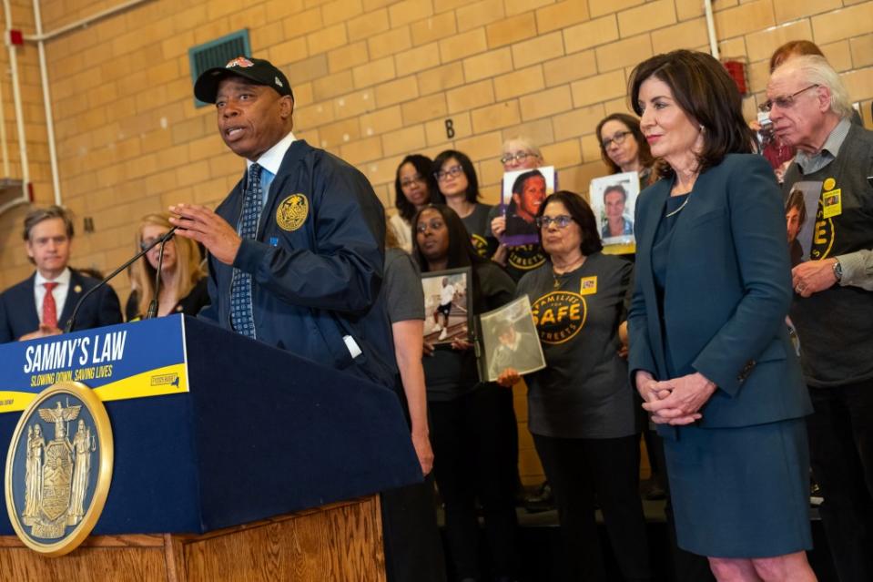 Gov. Kathy Hochul and NYC Mayor Eric Adams championed the bill and pointed to the hundreds of pedestrians who’ve died in motor vehicle collisions in recent years. ED REED