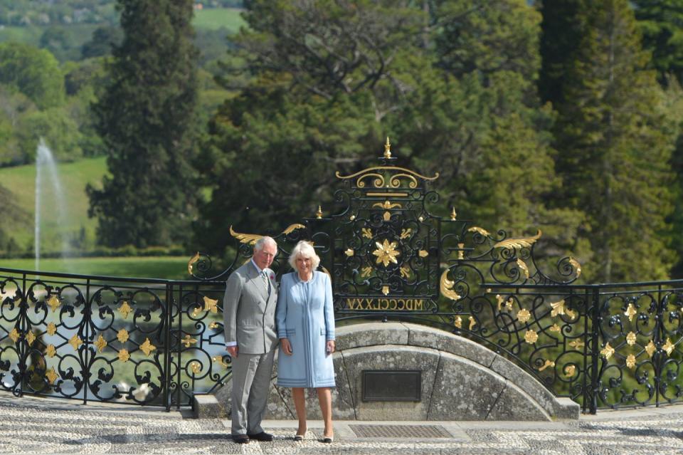 <p>Prince Charles and Camilla pose at the Powerscourt House and Gardens in 2019 during a visit to the Republic of Ireland. </p>