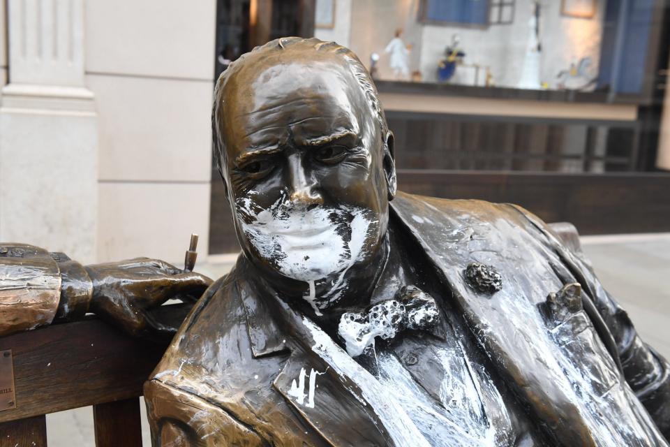 A statue of Winston Churchill in Mayfair was also daubed with white paint (Jeremy Selwyn)