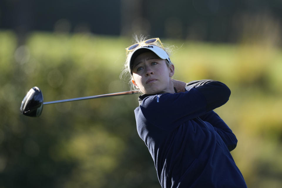 Nelly Korda of the United States watches her tee shot on the second hole during the final round of the BMW Ladies Championship at the Seowon Hills Country Club in Paju, South Korea, Sunday, Oct. 22, 2023. (AP Photo/Lee Jin-man)