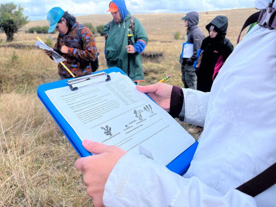 Oregon State University students collect data to monitor the health of the Zumwalt Prairie near the Horned Lark hiking trail on Sept. 20.