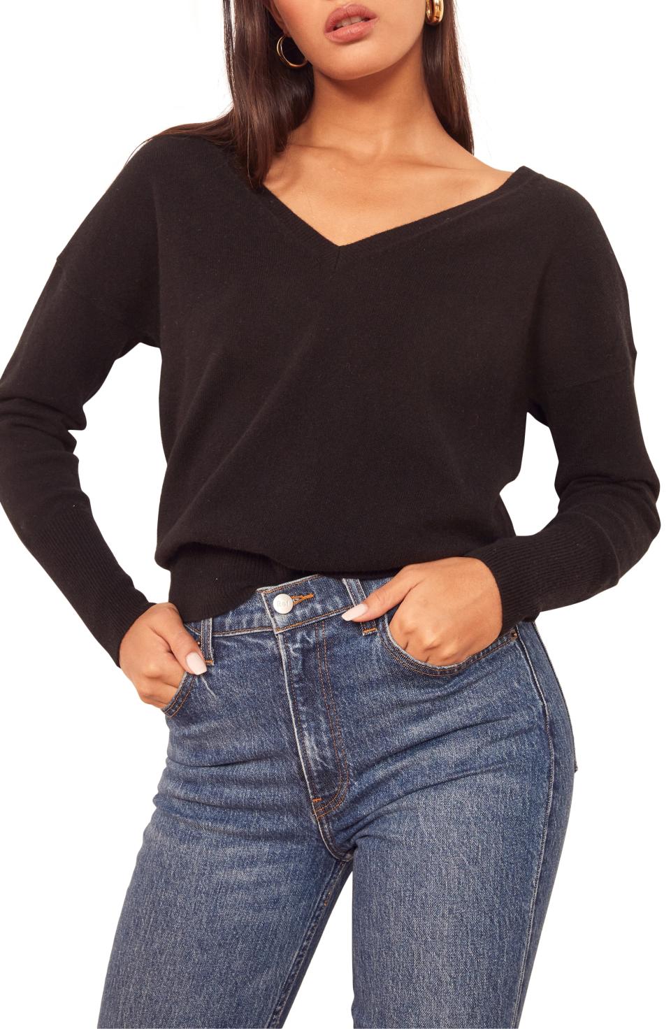 Cashmere blend V-neck sweater by Reformation helps add a dose of luxury to your spring wardrobe. 