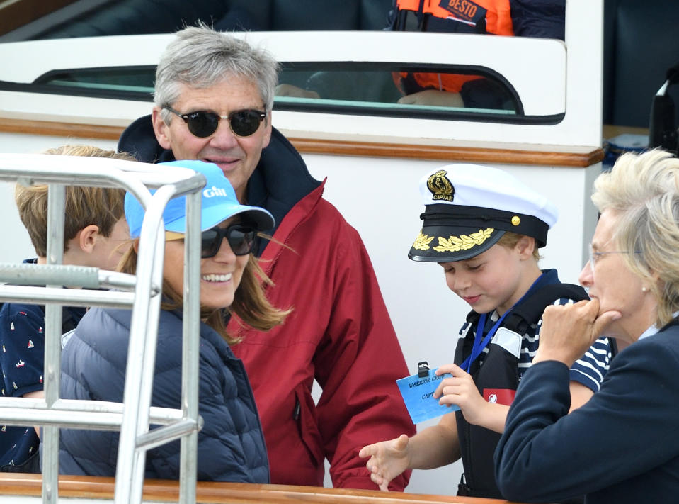 COWES, ENGLAND - AUGUST 08: Michael Middleton, Carole Middleton and Prince George attend the King's Cup Regatta on August 08, 2019 in Cowes, England. (Photo by Karwai Tang/WireImage)