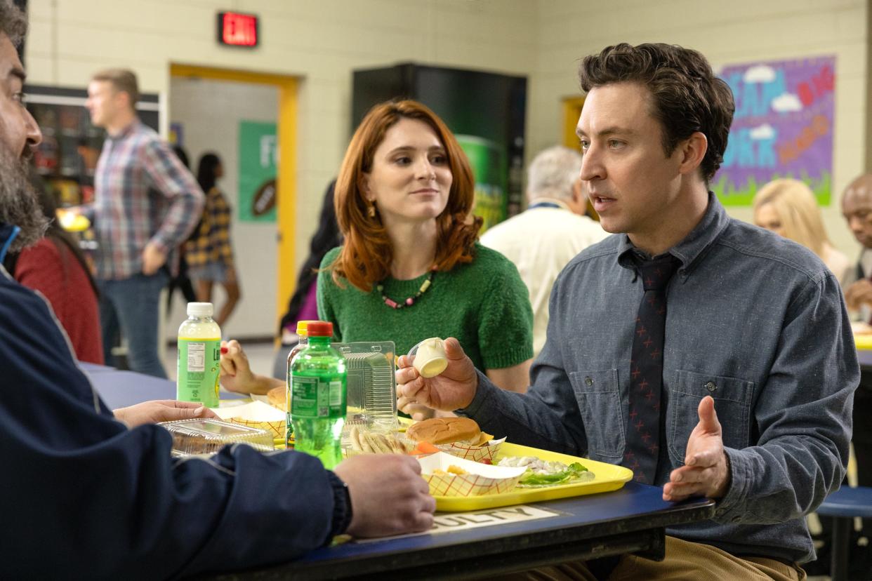 Stephanie Koenig as Gwen Sanders, Brian Jordan Alvarez as Evan Marquez in FX's new comedy "English Teacher."