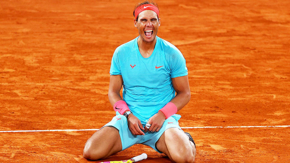Rafa Nadal drops to his knees after winning the 2020 French Open.