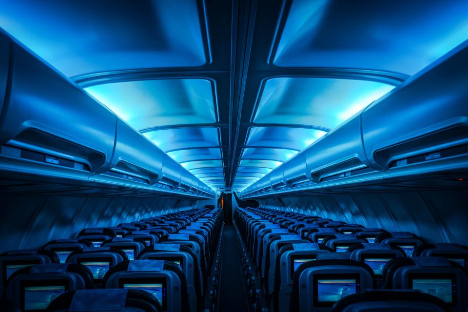 The ice cave-inspired interior of Icelandair's Vatnajökull plane