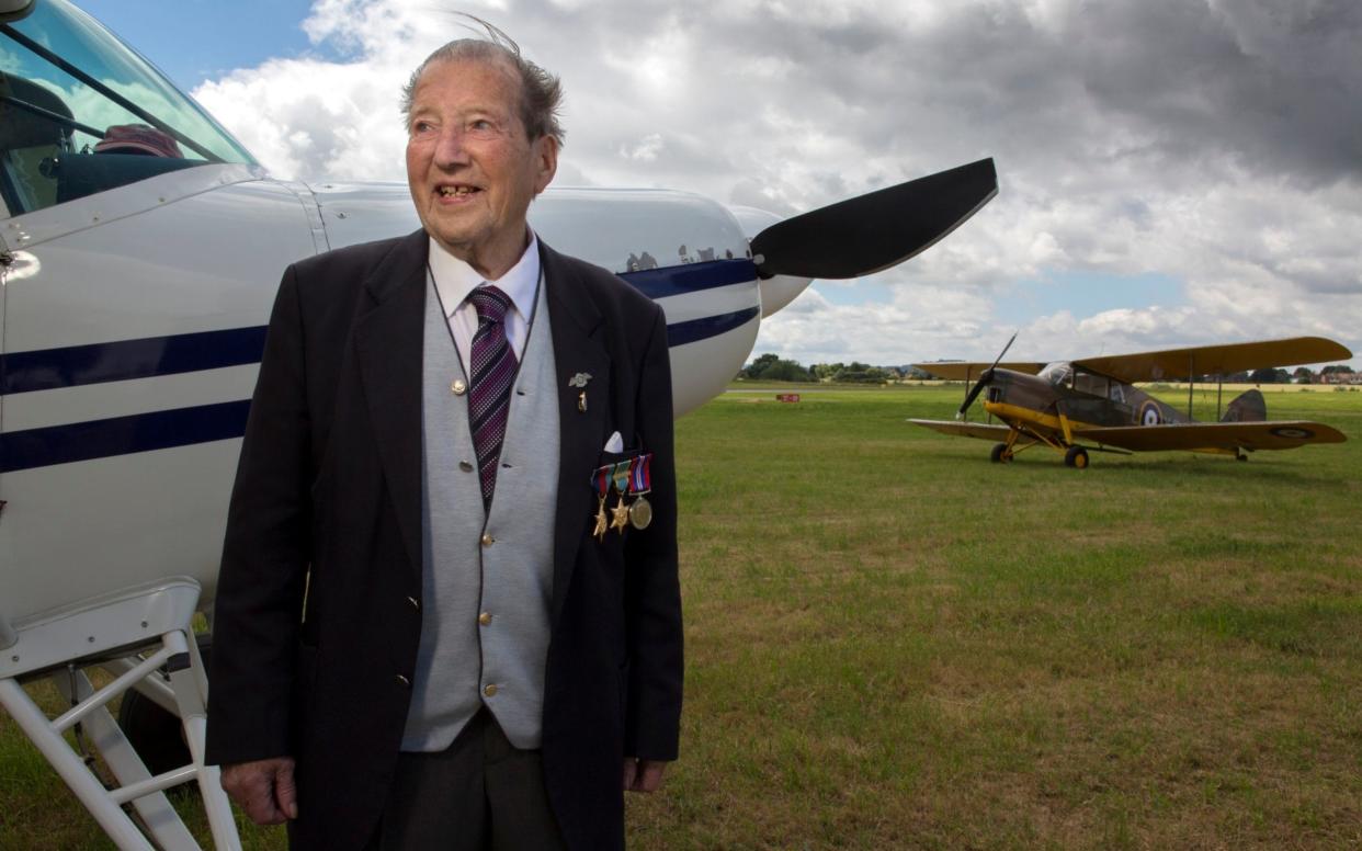 92-year-old John Galloway arrived by light aircraft at the Project Propeller gathering of WW2 aircrew veterans at Staverton in Gloucestershire, his first time in a small aeroplane since the end of the war - Tom Pilston ,tompilston.com ,00447802 572 609 tompilston.com