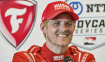 Huski Chocolate Chip Ganassi Racing driver Marcus Ericsson talks to reporters in the media center after winning the Grand Prix of St. Petersburg auto race Sunday, March 5, 2023, in St. Petersburg, Fla. (AP Photo/Steve Nesius)
