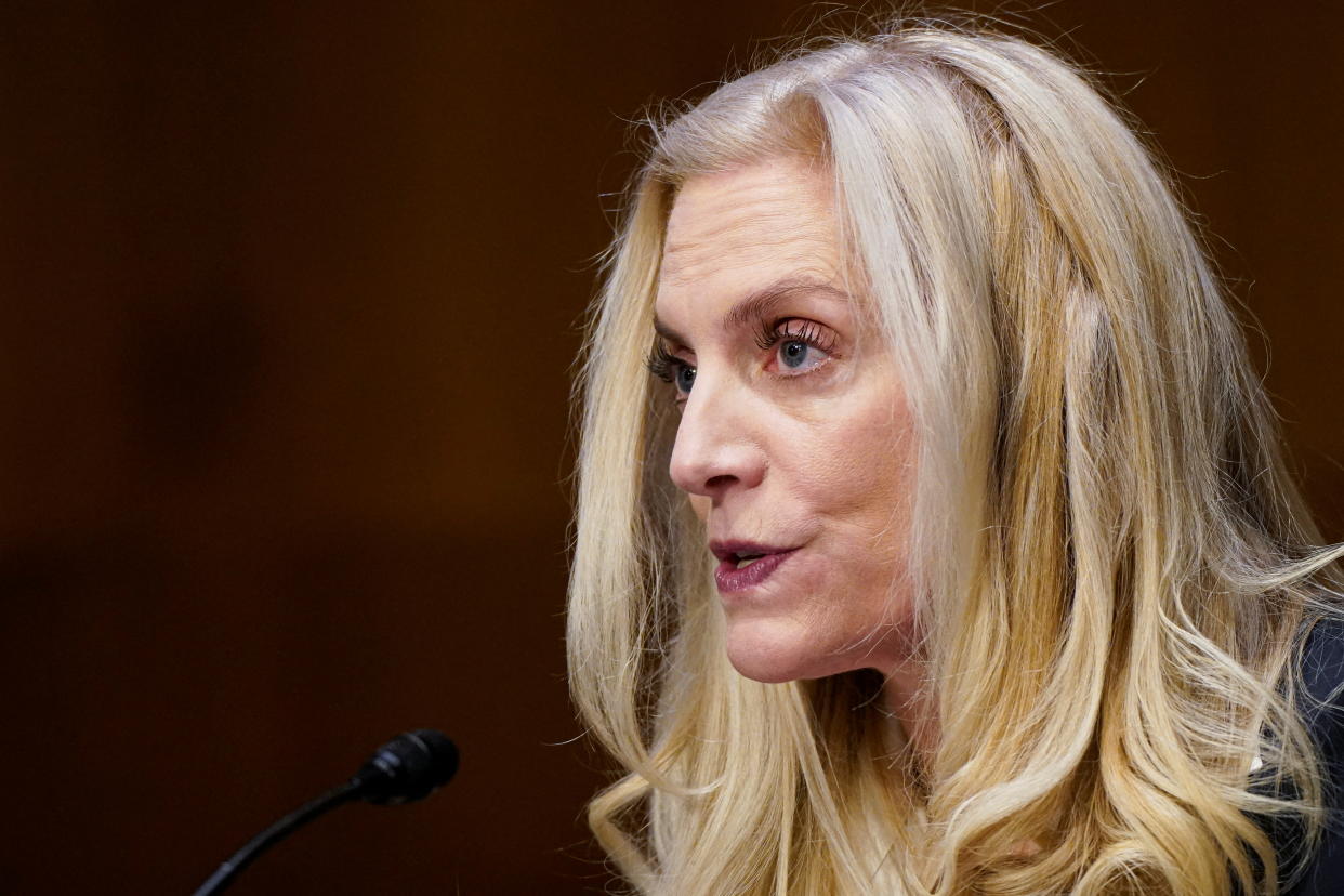 Federal Reserve Board Governor Lael Brainard testifies before a Senate Banking Committee hearing on her nomination to be vice chair of the Federal Reserve, on Capitol Hill in Washington, U.S., January 13, 2022. REUTERS/Elizabeth Frantz