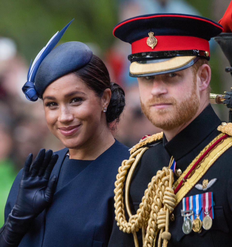 LONDON, ENGLAND - JUNE 08: Prince Harry, Duke of Sussex and Meghan, Duchess of Sussex ride by carriage down the Mall during Trooping The Colour, the Queen's annual birthday parade, on June 08, 2019 in London, England. (Photo by Samir Hussein/Samir Hussein/WireImage)