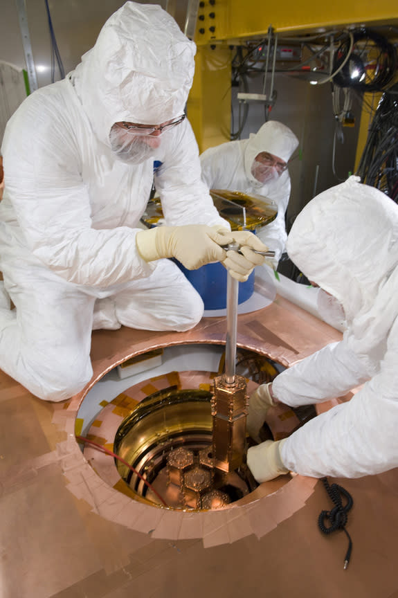 The SuperCDMS experiment at the Soudan Underground Laboratory uses five towers like the one shown here to search for WIMP dark matter particles.